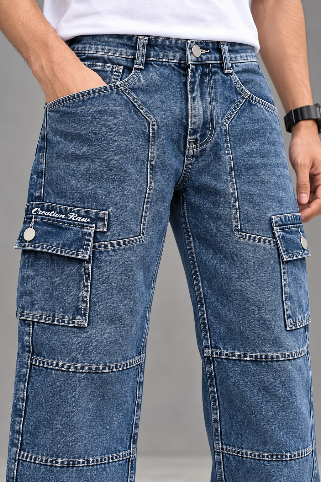 Men's Blue Washed Cargo Jeans – Relaxed Fit