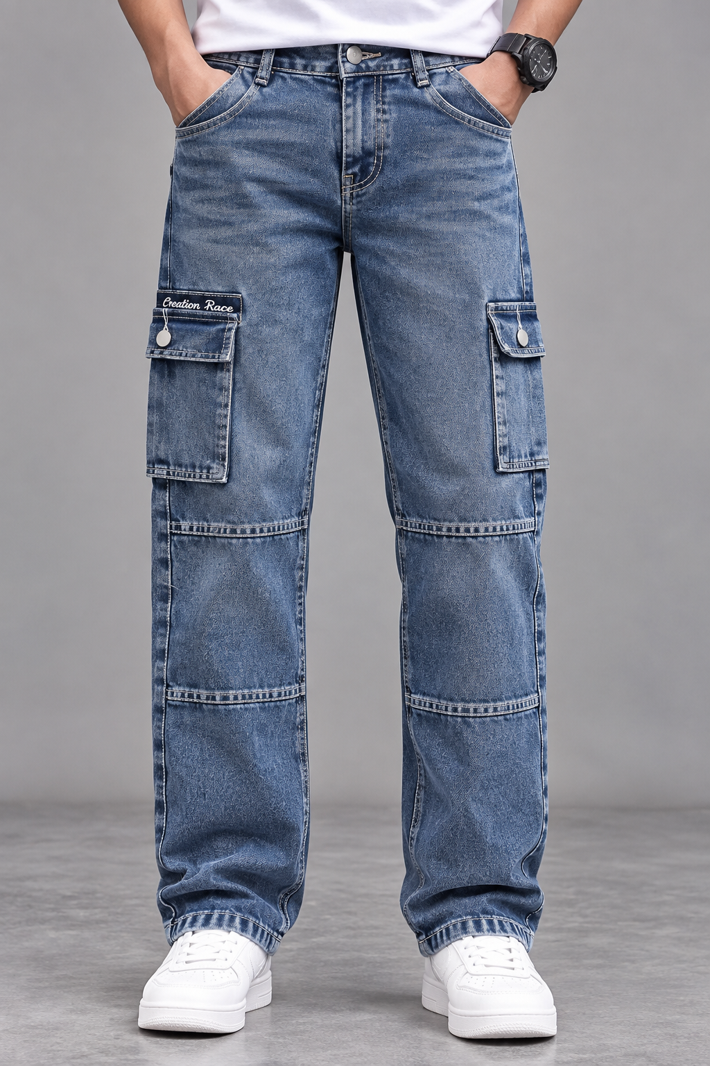Men's Blue Washed Cargo Jeans – Relaxed Fit